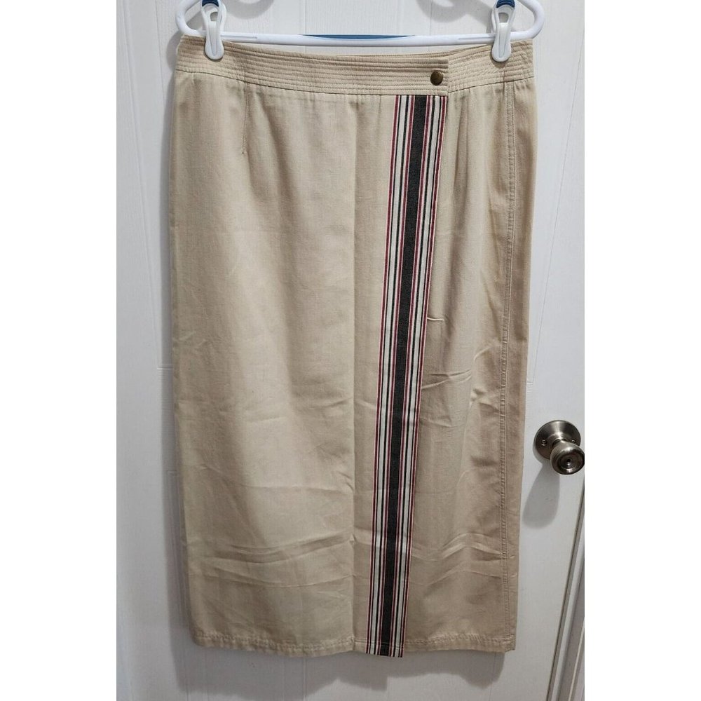 Vintage Talbots Women's Y2K Wrap Style Midi Skirt Beige Stripe Accent Size 12